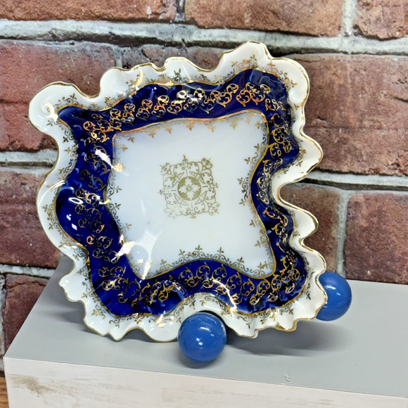 Vintage Cobalt Blue Gold Gilt Square Ruffle Scalloped Edge Trinket Dish Plate - Picture 1 of 6